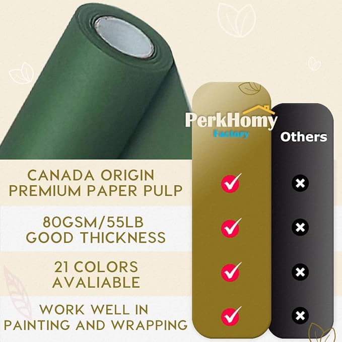 PerkHomy 48" x 2,400" (200') Dark Green Kraft Paper Roll for Craft Bulletin Board Paper Art Table Covering Crafting Gift Wrapping Bouquet Packing Parcel 80GSM 55LB (Dark Green, 48" x 200')