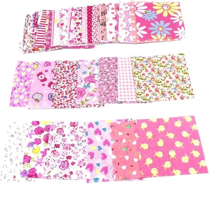 50Pcs 4" x 4" Cotton Craft Fabric Vintage Cotton Fabric Bundle Printed Floral Patchwork Plain Cloth Floral Precut Fabrics for DIY Art Sewing Quilting Scrapbooking (Pink)