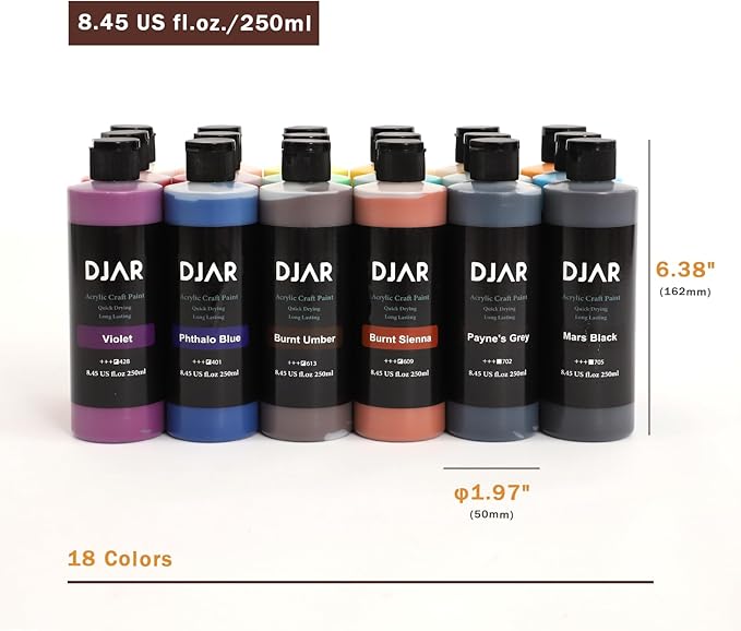 DJAR Acrylic Paint Set, 18 Colors 2 fl oz/250ml Bottles, Art Supplies for Painting Canvas, Glass, Egg, Wood