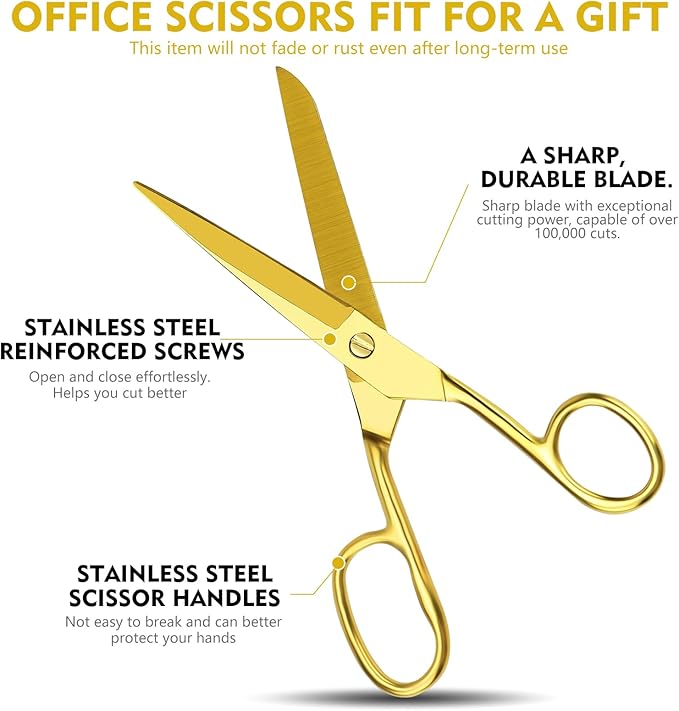 Gold Scissors for Office Multipurpose Stylish: 7 inch - Comfort Grip - Stainless Steel - Scissors with Home - School - for Cutting Paper - Open Envelopes - Cut Tape (Gold Scissors for Office)