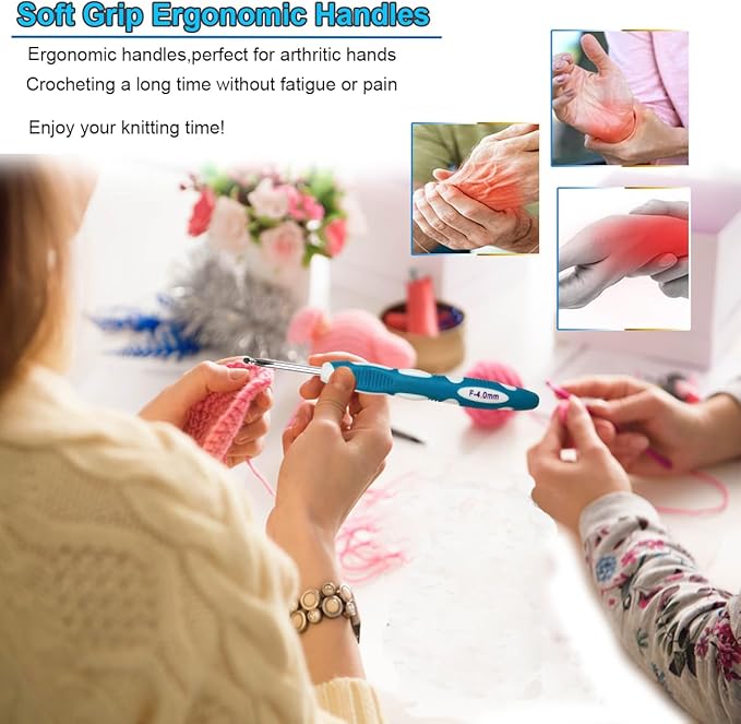 Ergonomic Crochet Hooks Set,Silicone Crochet Hook Knititng Needles for Arthritic Hands Premium Soft Grip Crochet Handles for Crocheting Yarn Craft Projects(2.0mm-6mm,Colourful)