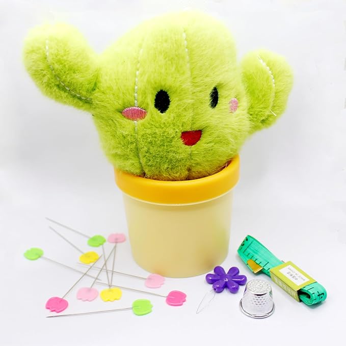 Cactus Pin Cushion Sewing Tool Set with Magnetic Storage, Including 50 Cute Flowers Needles, Threader, Thimble ＆Tape Measure, Pin Holder for Sewing DesksApplique & Patchwork Crafter.