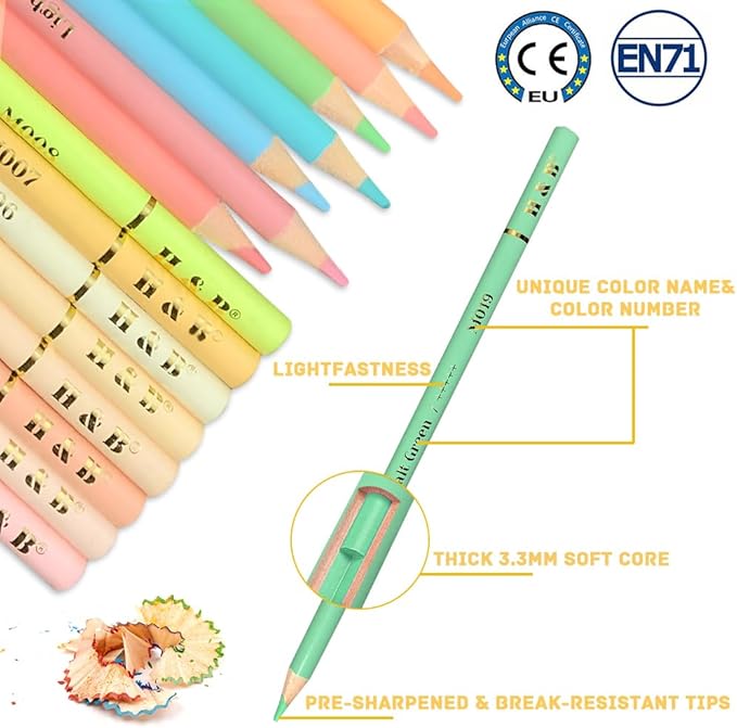 LBW Macaron Pastel Colored Pencils with Coloring Book, Eraser, Sharpener, Set of 50 Soft Core Artists Professional Color Pencils for Adults Kids Beginners