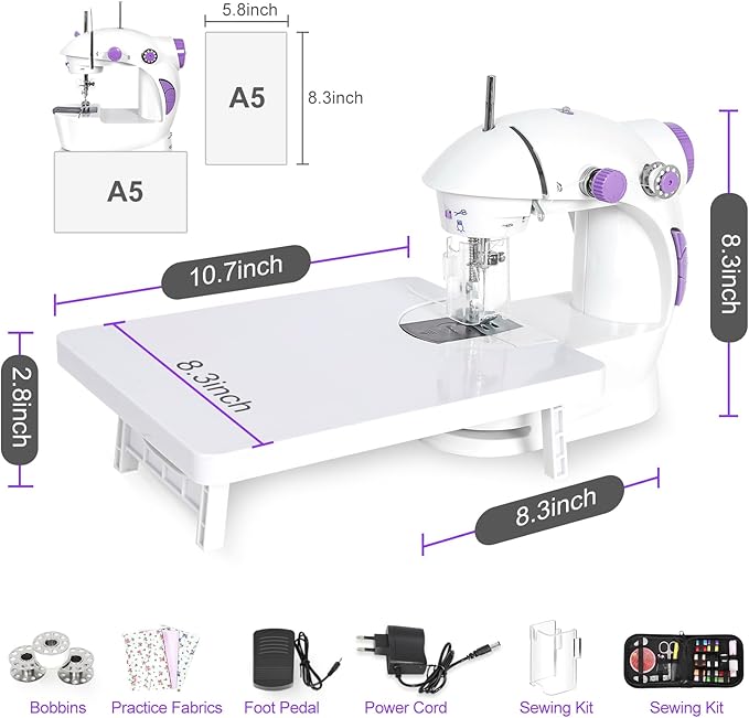 EASYBERG Mini Sewing Machine for Beginners, Dual Speed Easy Automatic Sewing Machine with Expansion Table, Sewing Tool and Needle Shield Suitable for Family and Travel