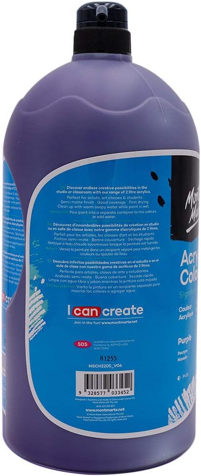 Mont Marte Discovery School Acrylic, Purple, 1/2 Gallon (2 Liter). Ideal for Students and Artists. Excellent Coverage and Fast Drying. Pump Lid Included.
