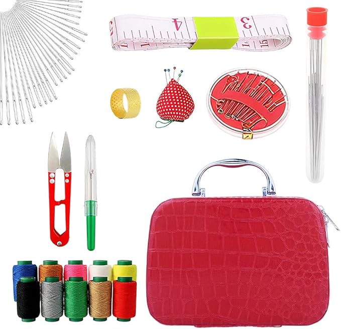 2025 New Big Eye Steel Needles Set, Sewing Kit Storage Box DIY Embroidery Crafting Kit Tool, Upgrade Needle Thread Hand Steel Sewing Needles Kit Fix Anything Anytime Portable (Rose Red)