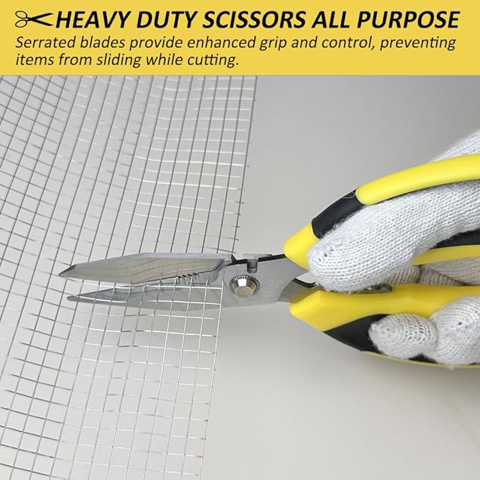 Heavy Duty Scissors, Sharp Scissors All Purpose Heavy Duty with Serrated Edge, Comfortable Non-Slip Handle, Easy Cutting Cardboard, Wires, Fabric, Leather, Iron Mesh (Yellow)