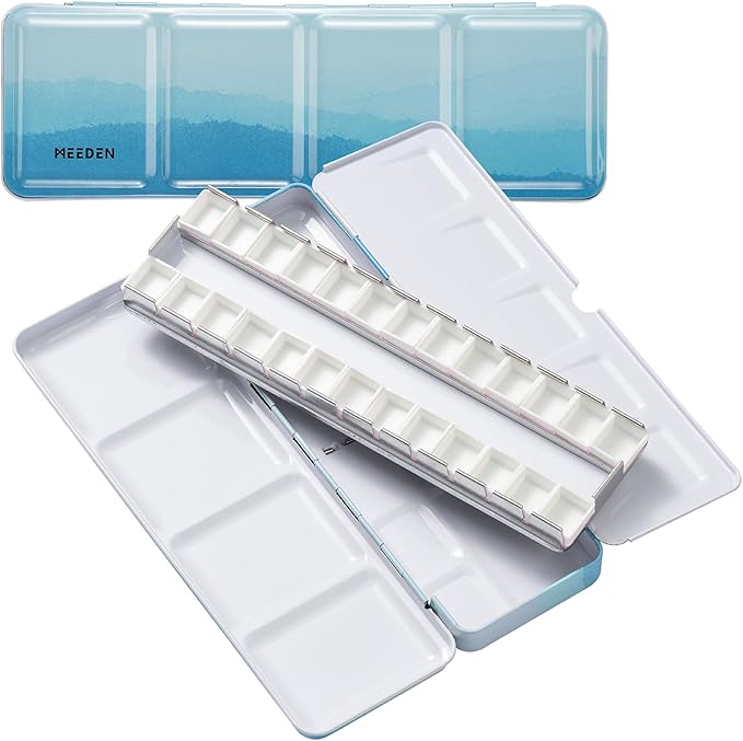 MEEDEN Empty Travel Watercolor Palette: Portable Watercolor Palette Tin with 24 Half Pans - Metal Watercolor Paint Palette Tin Box for Artist Student Adults (Blue)