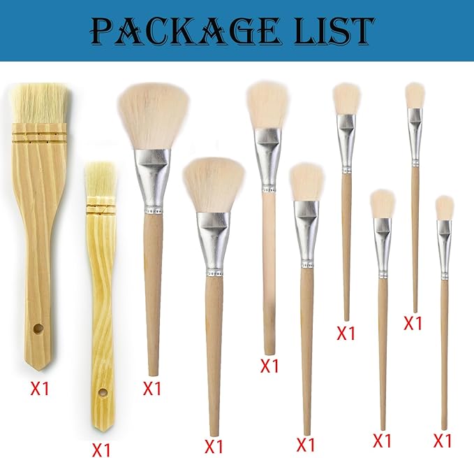 10 PCS Assorted Size Paint Brush Gilding Brush Gold Leaf Goat Hair Duster Flat Hake Brush Sweep Mops for Watercolor, Wash, Ceramic Pottery Painting, Metallic Foil Flakes Art Crafts Supplies