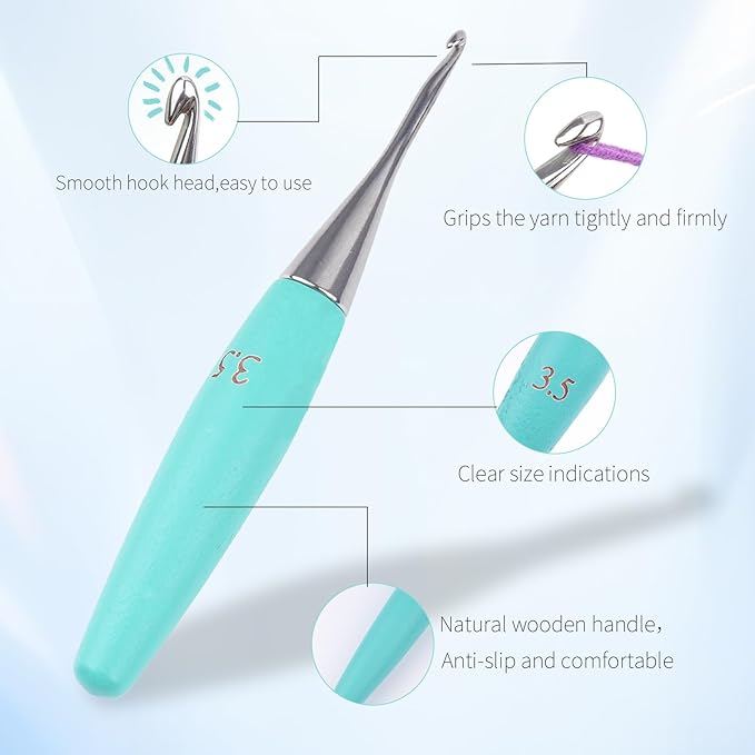 Crochet Hooks 3.5mm Crochet Hook Soft Lightweight Wood Ergonomic Handle and Stainless Steel Crochet Needles Tip (3.5 mm-E)