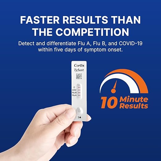 CorDx Tyfast at Home Flu A/B and COVID 19 Rapid Test Kit, Easy, Accurate, Fast Results in 10 Minutes, (10-Pack)