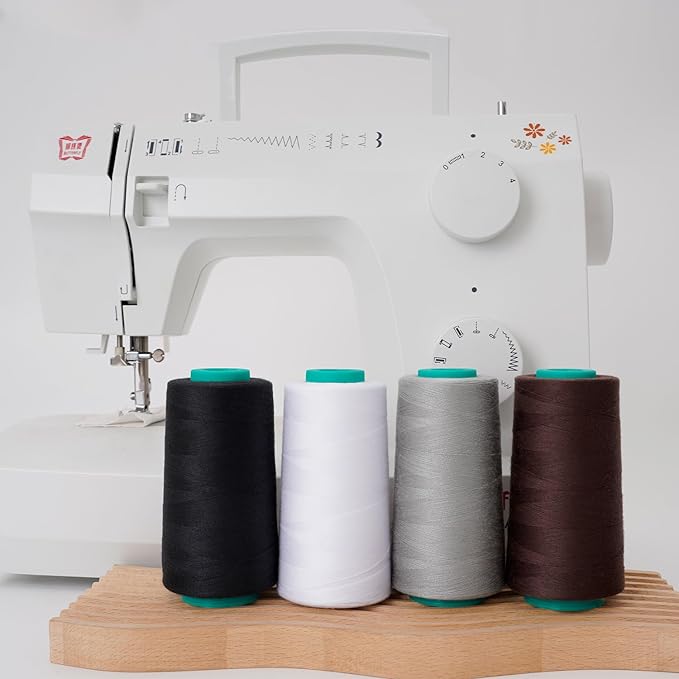 Serger Thread 4 Pack, All-Purpose Sewing Thread Polyester,4 Cones of 3000 Yards Each Spool,Cone Thread for Sewing Machine,140S/2 (Black,White,Brown,Grey)