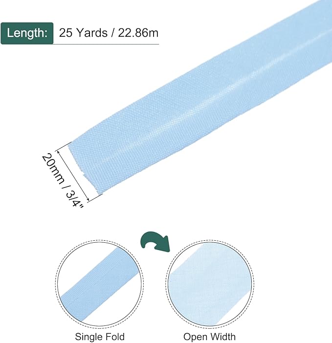 MECCANIXITY 3/4 Inch Single Fold Bias Tape Polyester Continuous Bulk Bias Tape for Sewing, Seaming Quilting Hemming Binding Crafts (Light Blue 25 Yards)