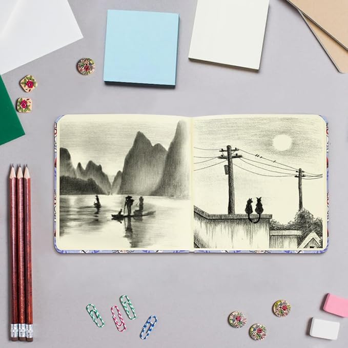 Mifuner 4.8x4.8in 80gsm Mini Notebooks Art Blank Pages Sketchbooks Travel Journal Pocket Hardcover Paint Writing Notebook Blank Diary Memo Planner Sketchbook Fabric Cover.White Cat