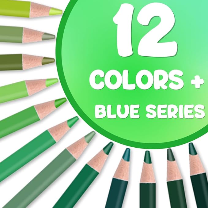 Mifuner 12Pcs Green Colored Pencils Set, Oil Based Drawing Pencils, Pre-sharpened Wooden Professional Sketch Pencil Art Supplies for Adults, Coloring Books, No Duplicates