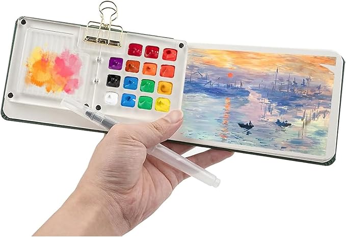 Mini Travel Watercolor Set Pocket Artist Watercolor Travel Set Grid Palette Box Sketch Book With Binder Clips Art Painting Kits For Painters Artists Students