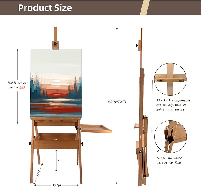 Large Solid Beech Wood Painting Easel with Storage Drawer and Palette (60"~75" H), H-Frame Foldable Wooden Easel Stand with Signature Box for Adults and Students, Holder up to 36''