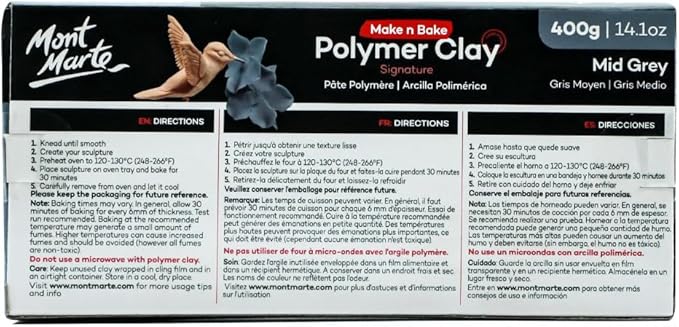 Mont Marte Make n Bake Polymer Clay Signature Mid Grey 400g (14.1oz) Block, Bake in Oven, Soft and Smooth, Sculpting, Craft, DIY Décor, Jewelry