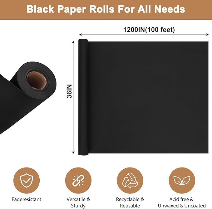 Moretoes 36" x 1,200"(100') Black Wrapping Paper Roll, Kraft Packing Paper Roll for Gift Wrapping Craft Bulletin Board Banner Art Bouquet Flower Packing Moving Shipping 85GSM