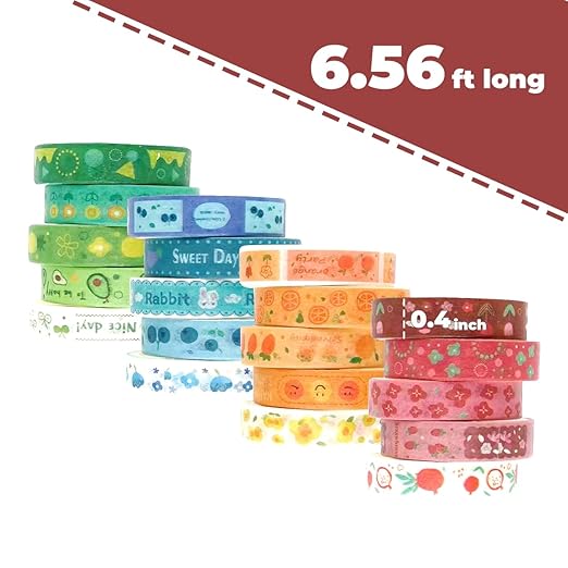 Washi Tape Set, 20 Rolls of Colorful Washi Tape, Decorative Tape for Arts and Crafts, Scrapbooking Supplies Patten Washi Tape Red Orange Blue Green. (Floral & Fruits)