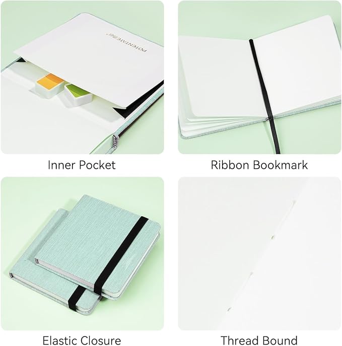 Lightwish Square Watercolor Journal,100% Cotton,300gsm/140lb,Acid-Free,24 Sheets Hot Press Watecolor Sketchbook for Artists Adults Students,4.7 * 4.7 Inches(Light Green)
