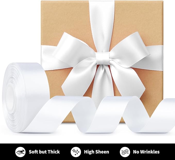 1-1/2 Inch Wide White Satin Ribbon, 50 Yards Solid Polyester Fabric Ribbon for Roses Making, Gift Wrapping, Valentine's Day, Wedding Decorations, Crafts, Bows
