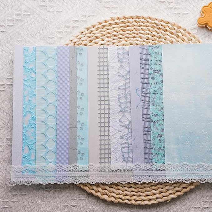 15Pcs Handmade Scrapbook Art Paper Craft Textured Paper Colorful A5 sheet Mesh Special Paper Mix for Scrapbooking Junk Journal Journaling Supplies DIY Materials,5.8x8.2 inches (Blue)