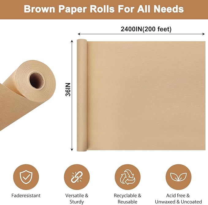 Moretoes 36" x 2,400"(200') Brown Wrapping Paper Roll, Kraft Packing Paper Roll for Gift Wrapping Craft Bulletin Board Banner Art Bouquet Flower Packing Moving Shipping 75GSM
