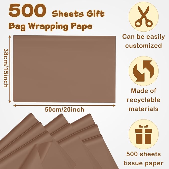 Qilery 500 Sheets Brown Tissue Paper Bulk 15 x 20 Inch Chocolate Brown Wrapping Paper for Gift Bags Acid Free Retro Tissue for Valentine's Day Craft Supplies, Bouquet, Forming Pompoms, Party Decor