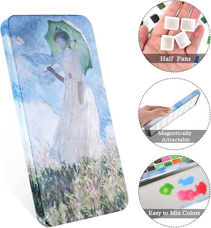 Portable Watercolor Tins Paint Palette with 40Pcs Empty Half Pans and Magnetic Squares, Small Travel Metal Paint Box with Acrylics Painting Art Drawing. Monet