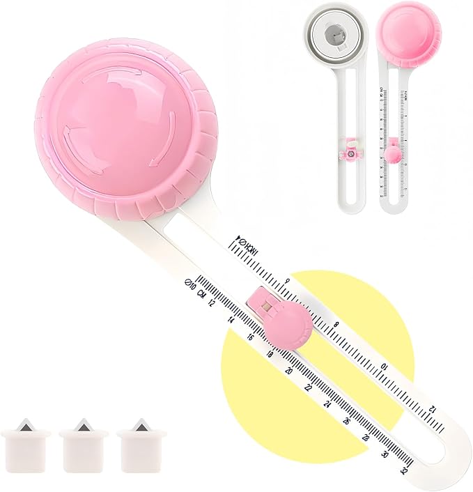 Circle Paper Cutters，Adjustable Rotary Circle Cutter，Circular Cardboard Circle Cutter with 3 Replaceable Blades, Trimmer Scrapbooking Tools，DIY Craft Cutting Tools Pink