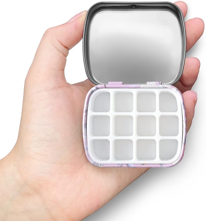 Portable Mini Tin Box,12-Well Empty Watercolor Palette,Small Paint Storage Travel Artist Outdoor Sketch Watercolor Kits with Magnetic Clip and Oil Pot. Pink Crane