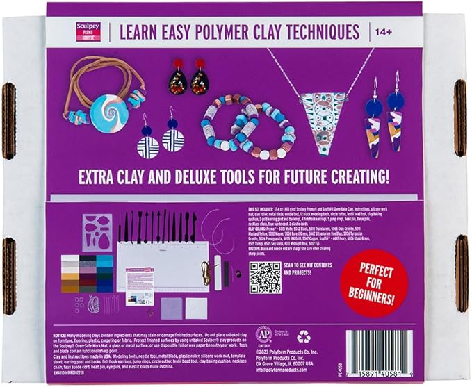 Sculpey Premo™/Soufflé Ultimate DIY Polymer Oven-Bake Clay 65 piece jewelry kit, for adults and teens, Non Toxic, 18 colors of DIY modeling clay, sculpting tools and accessories, great for beginners.