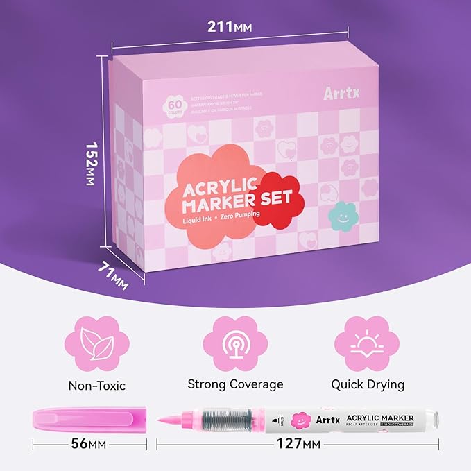 Arrtx 60 Colors Acrylic Markers - Brilliant & Vivid, Water-Based Quick-Dry Ink, Flexible Brush Tip, Waterproof After Drying, Non-Toxic, for DIY Project,Metal,Glass,Fabric,Plastic Multiple Surfaces