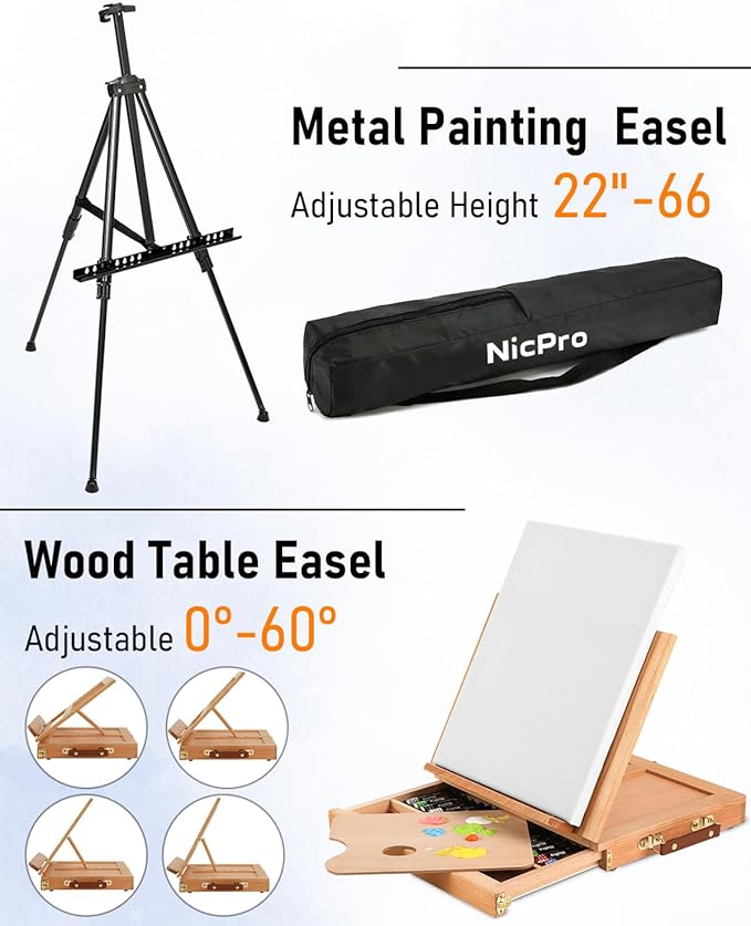 Nicpro 158PCS Deluxe Art Painting Kit with Metal and Solid Beech Wood Easel, Acrylic, Oil & Watercolor Paint Set, Paint Brushes, Canvas, Palette, Paper Pad, Professional Art Set for Adults Artist