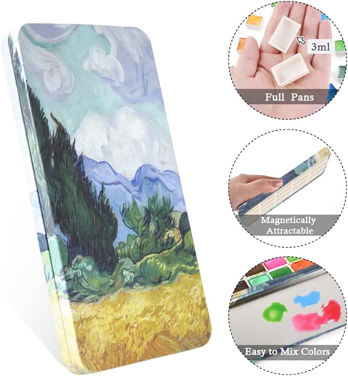 Portable Watercolor Paint Palette with Tins, Lightweight Empty Full Pans with Magnetic Squares, Metal Paint Tray Palettes for Travel, Acrylics Painting and Art, 20Full Pans,Wheat Field