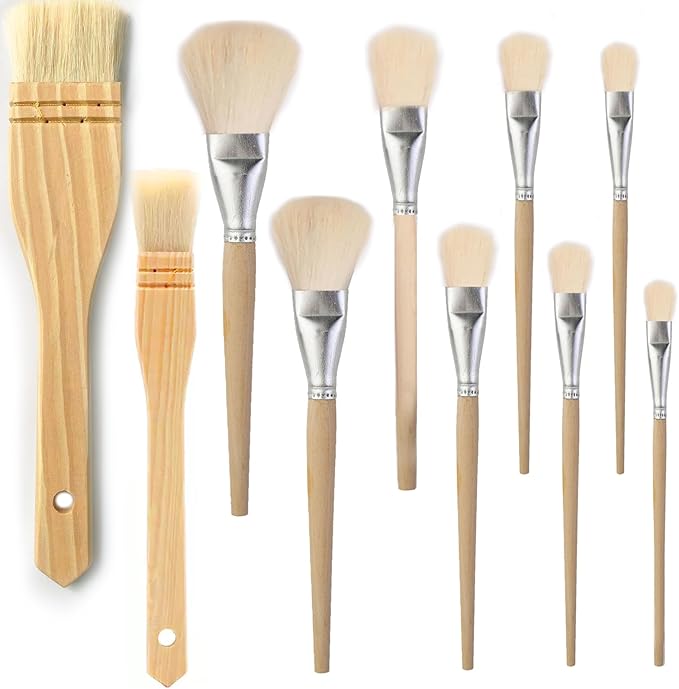 10 PCS Assorted Size Paint Brush Gilding Brush Gold Leaf Goat Hair Duster Flat Hake Brush Sweep Mops for Watercolor, Wash, Ceramic Pottery Painting, Metallic Foil Flakes Art Crafts Supplies