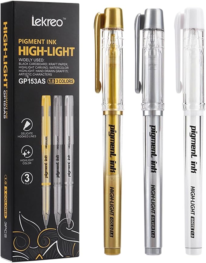 Gold Silver White Ink Gel Pens, 1mm Medium Fine Point, Opaque archival Ink Pen for Dark Paper Drawing,Sketching, Illustration, Card Making, Bullet Journaling (Assorted Color- 3 Packs)