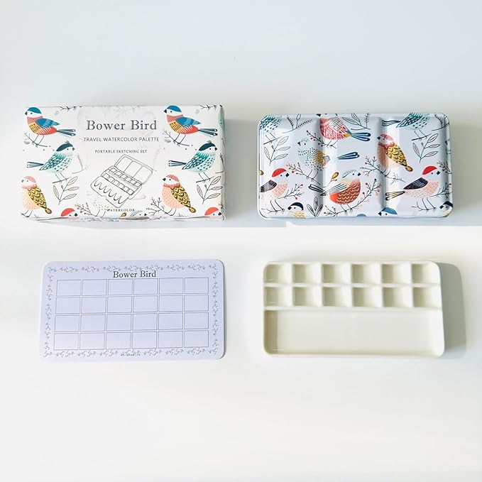 Bower Bird Travel Watercolor Palette,Portable Ceramic Palette,Empty Paint Palette,Small Travel Metal Paint Boxwith Porcelain Palette