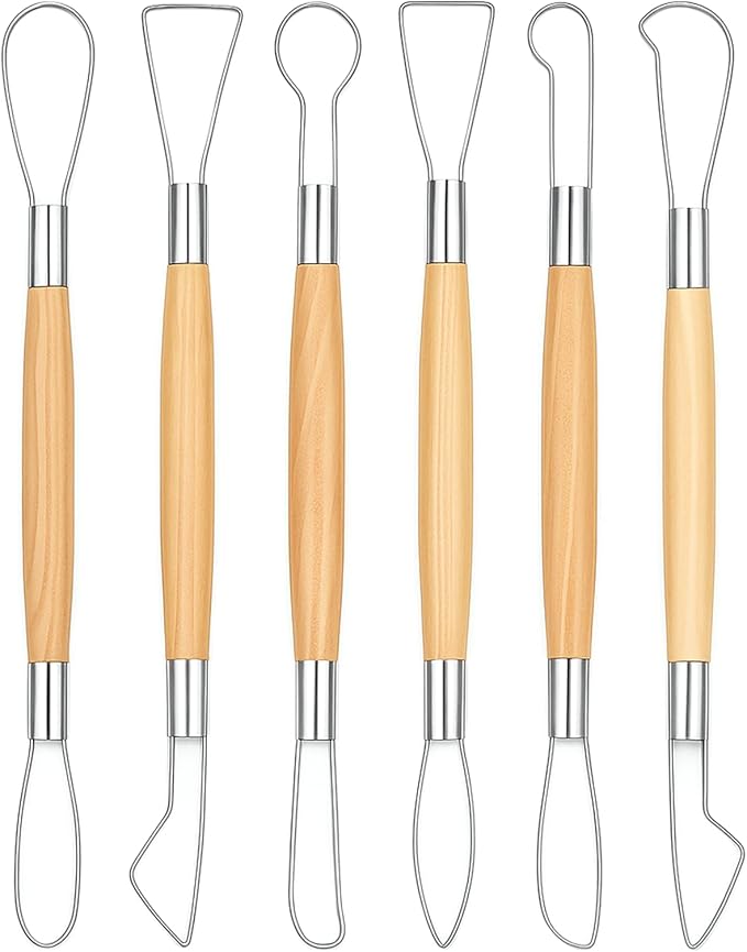 6Pcs Double-Sided Clay Sculpting Tools Clay Sculpting Tools Clays Wire Loop Sculpture Set Wooden Handle Ribbon Clays Tool Pottery Trimming Tool for Ceramic Wax Carving Ceramic Modeling