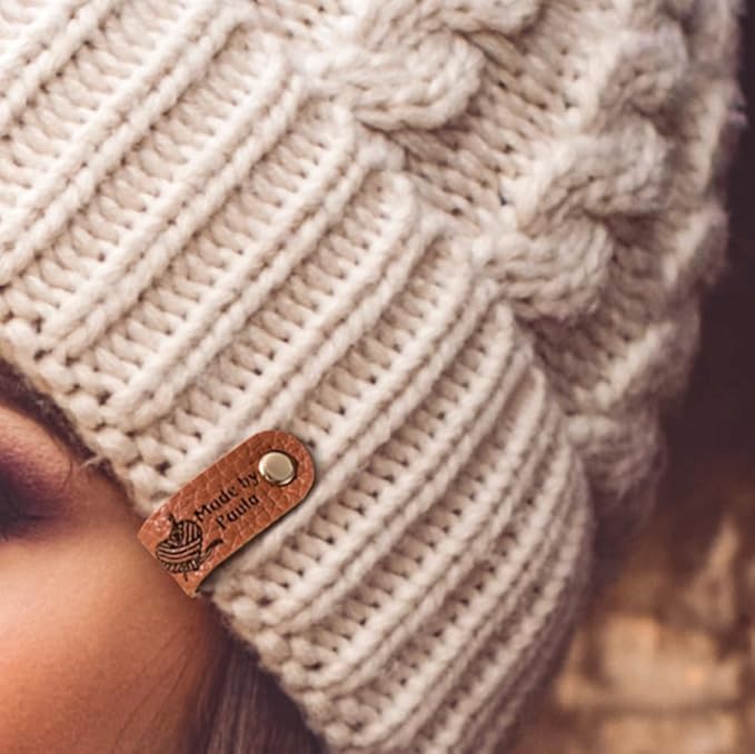 Callie Personalized Leather Tags for Crochet Items, 2.5 x 0.5 inches Custom Labels for Crochet and Knits Projects with Rivets, Suitable for Hats Beanies Scarves & More