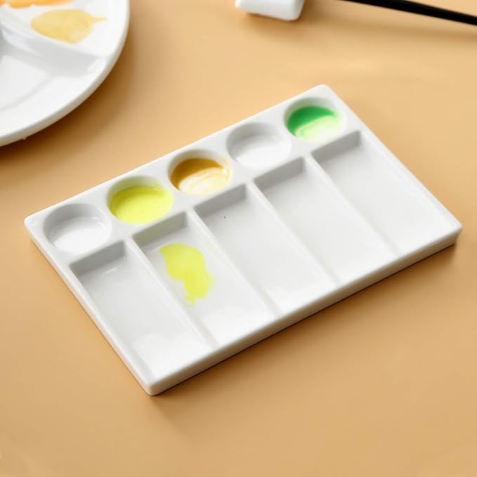 Jucoan 2 Pack 10-Well Ceramic Watercolor Painting Palette, 7-1/2 x 4-1/4 Inch Rectangle Porcelain Artist Paint Palette Mixing Tray for Watercolor, Gouache, Acrylic
