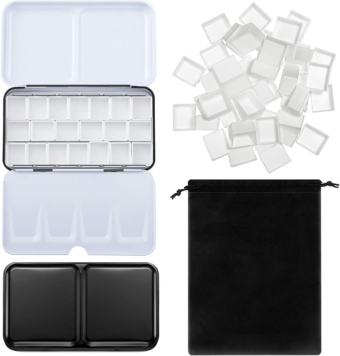 Zonon 51 Pcs Watercolor Paint Palette and Half Pans Set Watercolor Tin Box, Metal Palette Paint Case with Lid Empty with Storage Bag for Travel Artist(Black)