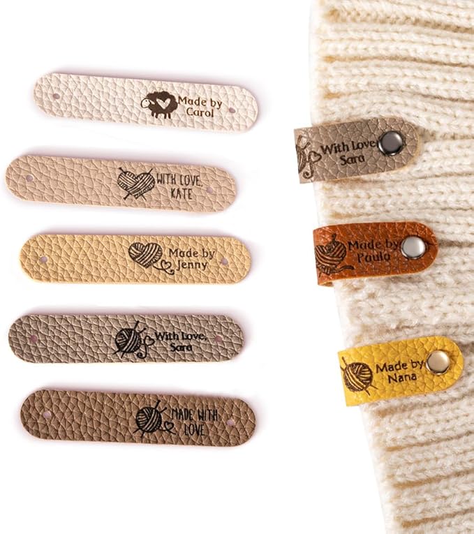 Callie Personalized Leather Tags for Crochet Items, 2.5 x 0.5 inches Custom Labels for Crochet and Knits Projects with Rivets, Suitable for Hats Beanies Scarves & More