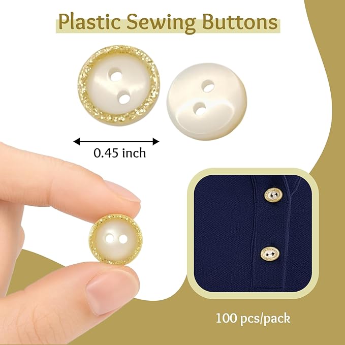 100 Pack Bige Sewing Buttons 0.45 inch 18L Glitter Round Polished 2 Hole Buttons Glossy Plastic 11mm Ideal for Sewing Blouse Skirt School Outfits Aprons Pants Jackets Accessories Bags DIY Crafts