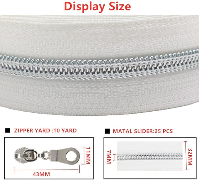 MebuZip #5 Silver Metallic Nylon Coil Zippers by The Yard Bulk Coil Zipper Roll 10 Yards with 25pcs Pulls for DIY Sewing Craft Bags (White)