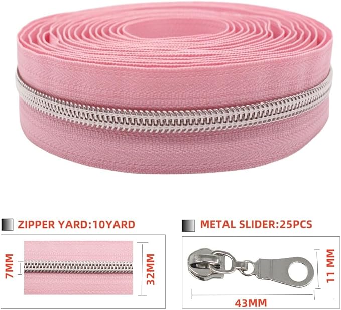 MebuZip #5 Silver Metallic Nylon Coil Zippers by The Yard Bulk Coil Zipper Roll 10 Yards with 25pcs Pulls for DIY Sewing Craft Bags (Pink)