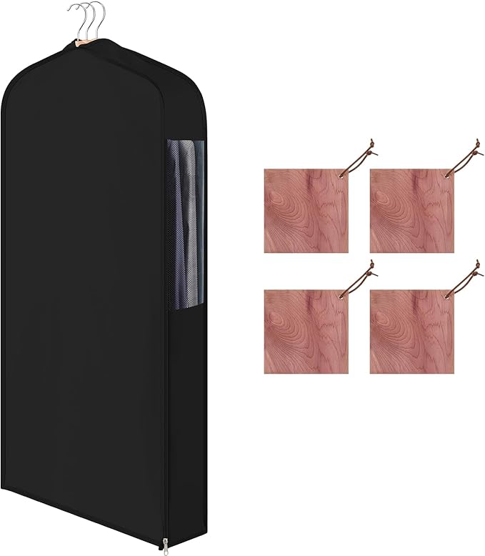40in Short Cotton Garment Bag for Hanging and Storage Clothes with 4 Cedar Blocks for Fresh Smell, Breathable Hanging Bags for Closet Storage Fur Coat Suit Sweater Jacket, 6in Wide, Black