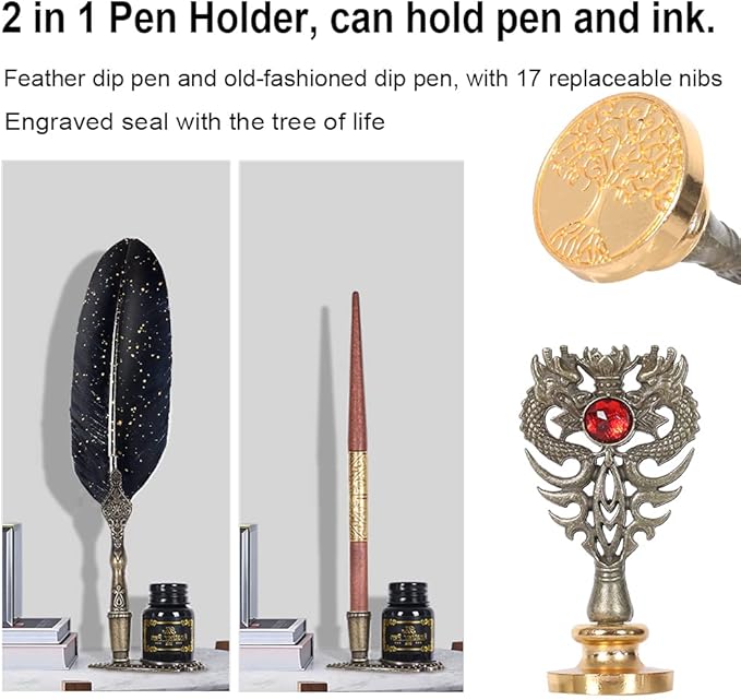 Quill Pen Ink Set,Includes Feather Pen and wooden dip pen, Ink,17 Replacement Nib,Pen Nib Base,3 Wax Seal Sticks,Stamp,White Wax,Spoon, Envelope Letter Paper,envelope tool (Black)