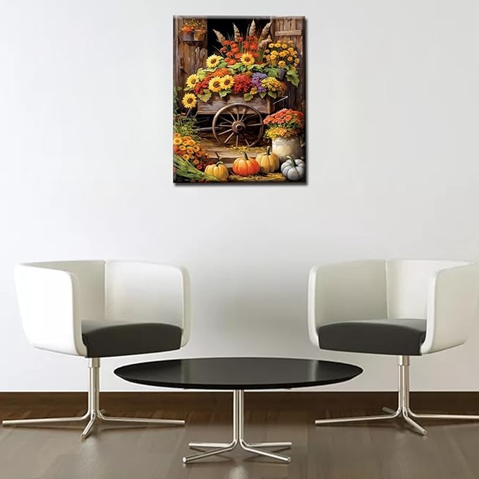 Tucocoo Colorful Flowers Float Paint by Number Rural Fall Harvest Scenery DIY Painting on Canvas with Brushes Acrylic Paints Paint by Numbers for Adults and Kids Beginner 16x20 Inch（DIY Frame）